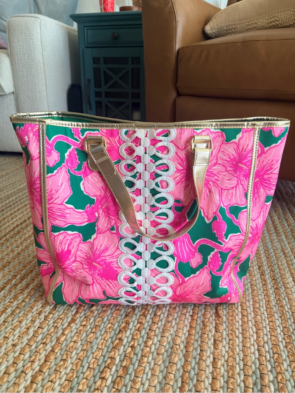 Lilly Pulitzer Pink & Green Floral Tote with Gold Accents